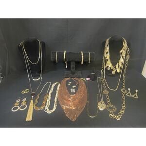 Vintage To Now Gold tone Jewelry Lot Necklace Bracelet Earrings Brooch Ring